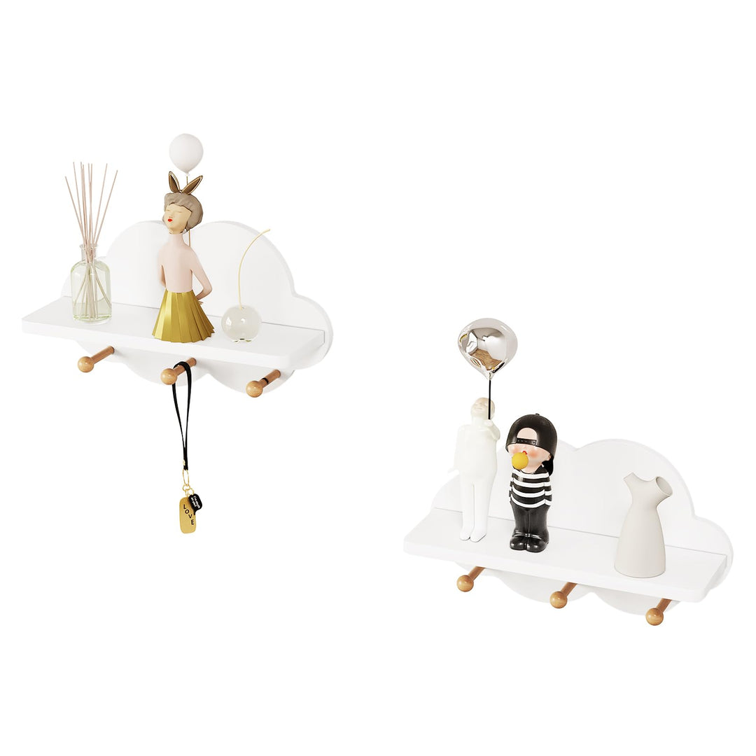WOLTU 2er Set Wolkenregal, Kinder Garderobenhaken, Wandregal mit Haken, Hängeregal, Schweberegal wei