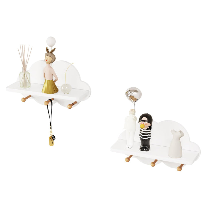 WOLTU 2er Set Wolkenregal, Kinder Garderobenhaken, Wandregal mit Haken, Hängeregal, Schweberegal wei
