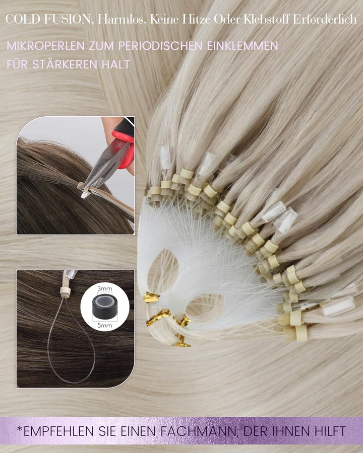 LaaVoo Microring Extensions Echthaar Blond 55cm Remy Haarverlängerung Microring Echthaar Brasilianis