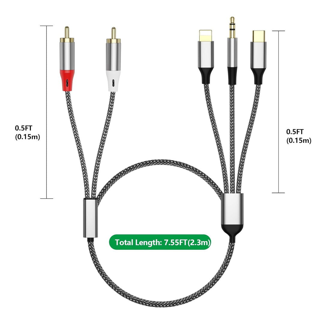 3-in-1 RCA-Audiokabel, verwendet für Lig-htn-ing zu RCA-Kabeladapter, USB C zu 2 R-CA-Kabel, 3.5mm A