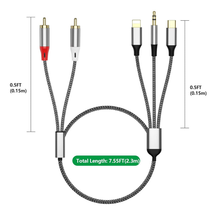 3-in-1 RCA-Audiokabel, verwendet für Lig-htn-ing zu RCA-Kabeladapter, USB C zu 2 R-CA-Kabel, 3.5mm A
