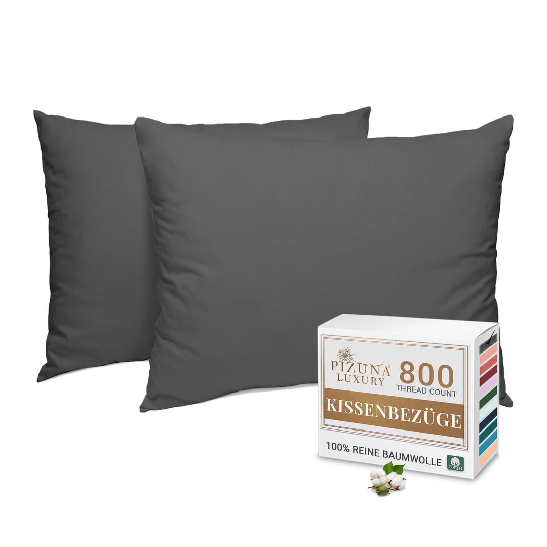 Pizuna Luxuriöser Soft-Satin 2er Pack Kissenbezug 70 x 90 cm Anthrazit Grau, 800 Fadenzahl Baumwolle