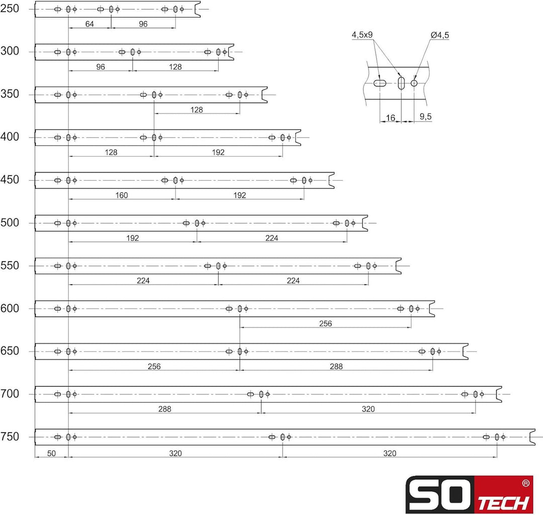 SOTECH 4 Paar (8 Stück) Vollauszüge KV1-45-H45-L500-NF 500 mm (eingeschoben) Kugelführungen Tragkraf
