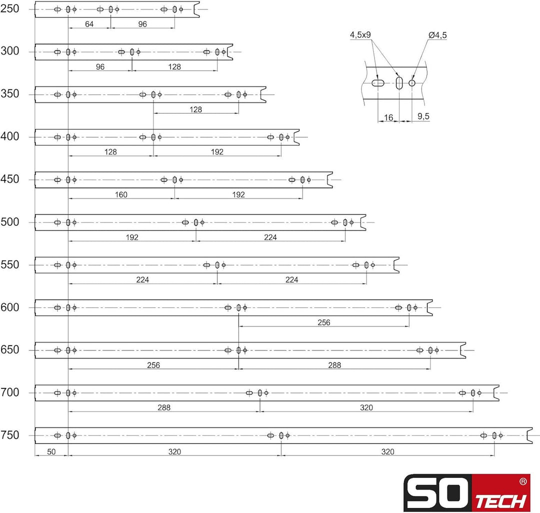 SOTECH 4 Paar (8 Stück) Vollauszüge KV1-45-H45-L350-NF 350 mm (eingeschoben) Schubladenauszug kugelg