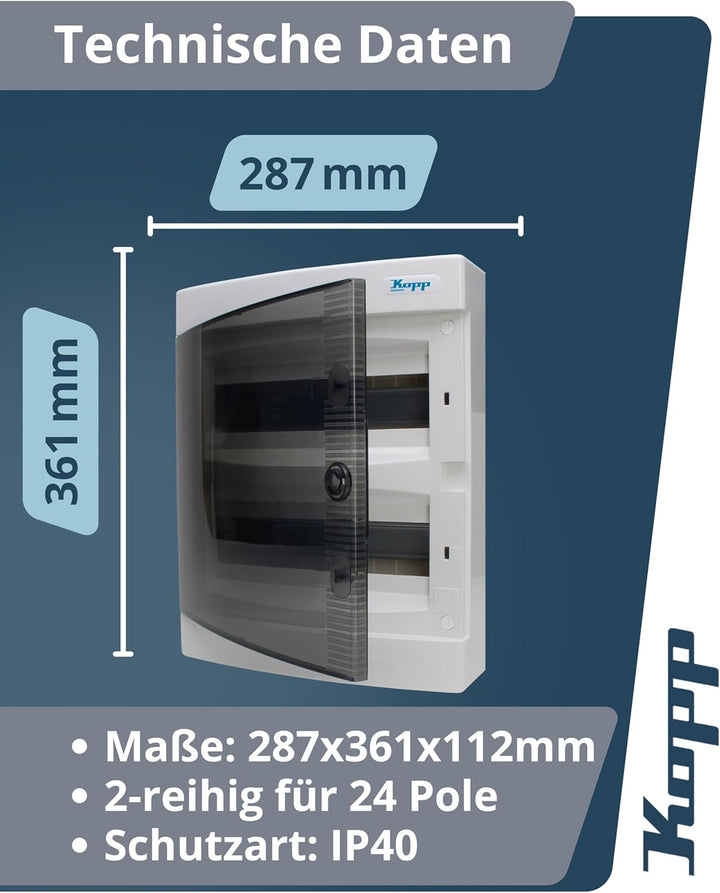 Kopp Aufputz-Verteilerkasten mit Tür 2-reihig für 24 Pole, 1 Stück, Grau/Schwarz, 350912048 Single,