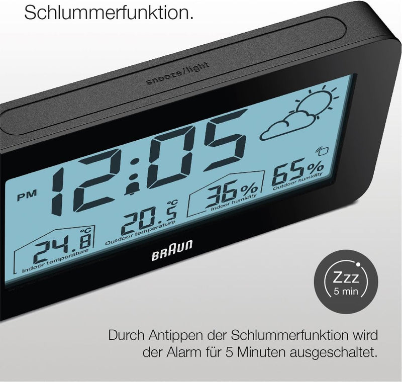 Digitale Braun-Wetterstationsuhr mit Anzeige von Innen- und Aussentemperatur sowie Luftfeuchtigkeit,