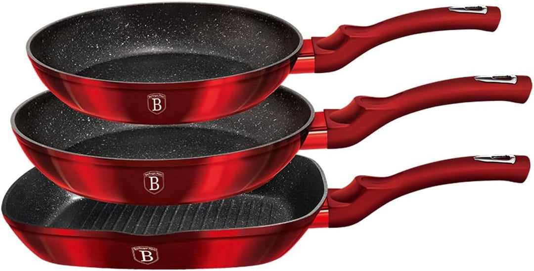 BerlingerHaus Haus Burgundy Set 2 Bratpfannen 1 Grillpfanne Induktion 20-24-28cm, Aluminium, Antihaf