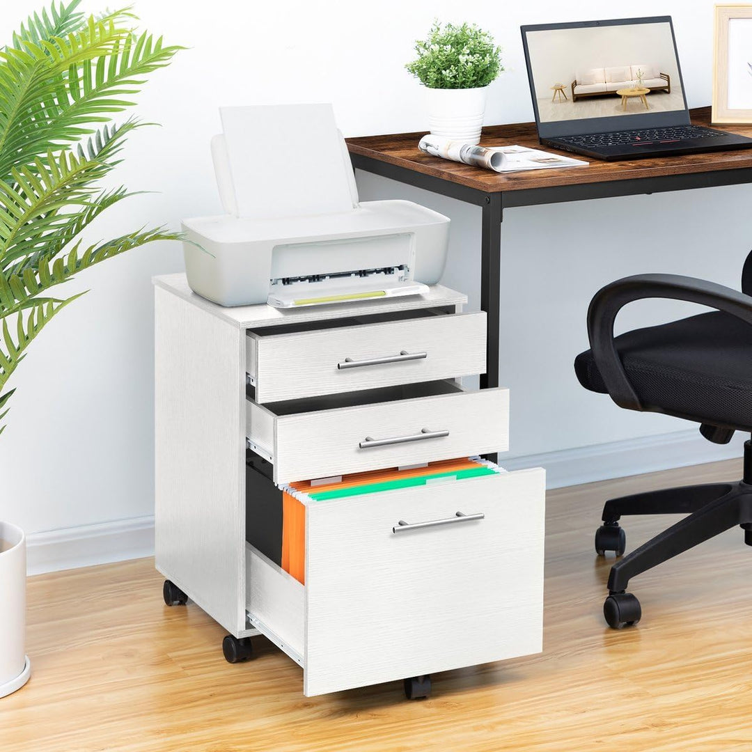 Rollcontainer mit 3 Schubladen, Aktenschrank auf Rollen für Büro & Home Office (Weiss), Weiss