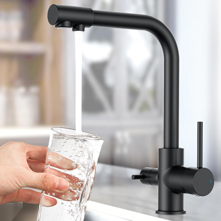 FORIOUS Wasserhahn Küche Schwarz, 3 Wege Wasserhahn Mischbatterie Küche, Zweigriffige Edelstahl-Spül
