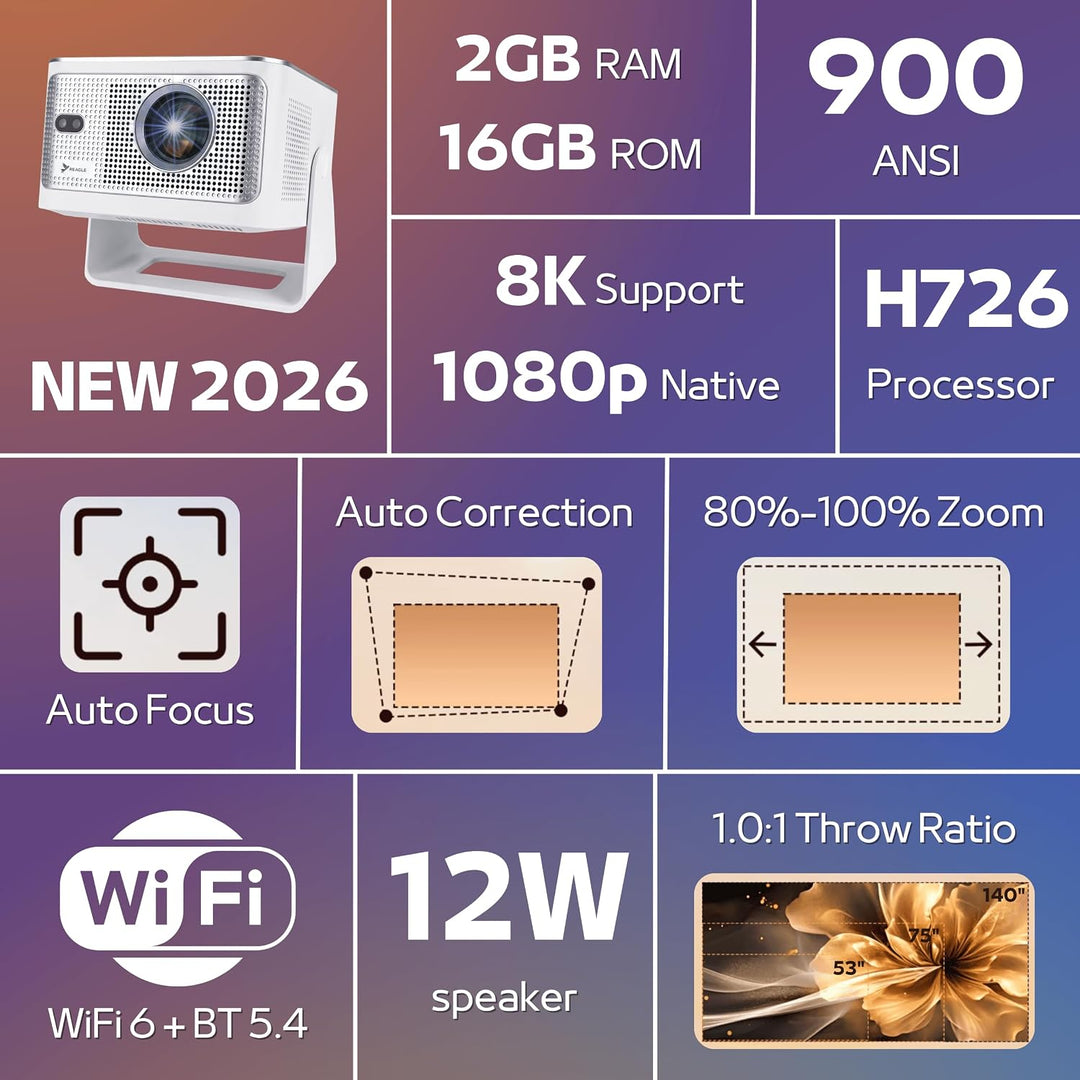 Reagle R-MOVIELUM-P41 Beamer Full HD 1080p 8K Upscaling, 900 ANSI LED Projektor Tragbar 140 Zoll, An