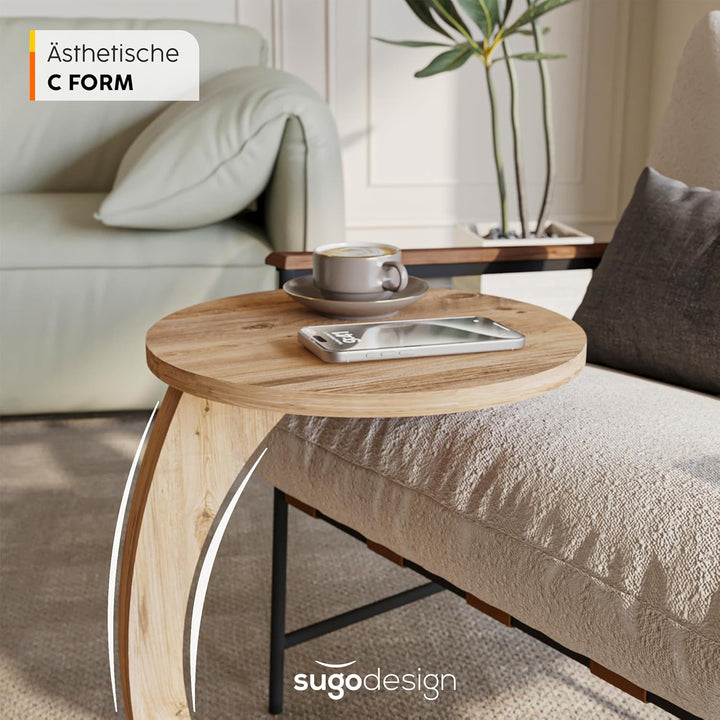 sugodesign Couchtisch mit Rollen, Kleiner Beistelltisch C Form, stylischer Sofatisch aus Holz in sch