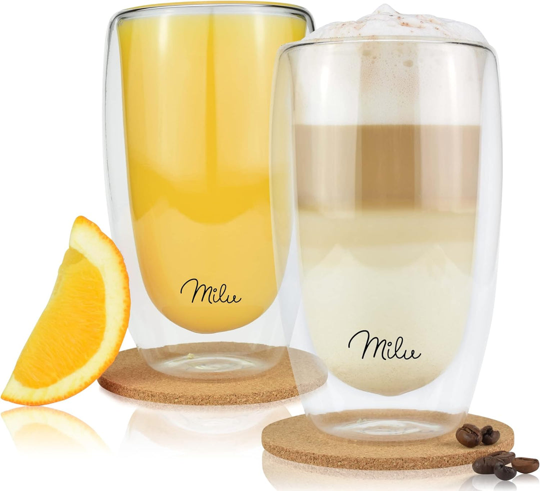 Milu Thermogläser Set – 4 vers. Grössen - Doppelwandige Espresso Gläser - Kaffeegläser, Latte Macchi