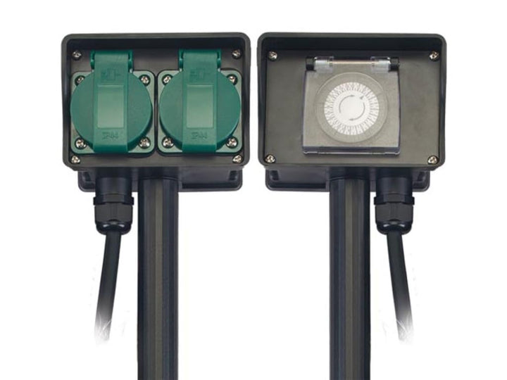 Perel Gartensteckdose, Erdspiess, Timer, 2 Steckdosen Typ E, 2 Klappdeckel, Kabel 1.5 m, 3G1.5, IP44