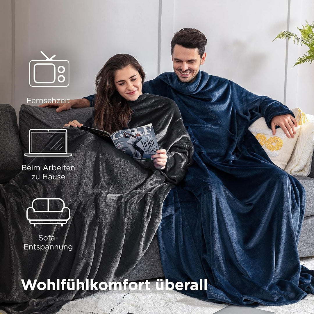 BEDSURE Decke mit Ärmeln als Geschenke für Frauen - Kuscheldecke mit Ärmeln Blau Erwachsene Ärmeldec