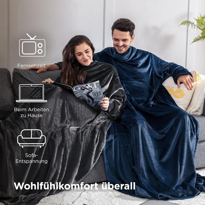 BEDSURE Decke mit Ärmeln als Geschenke für Frauen - Kuscheldecke mit Ärmeln Blau Erwachsene Ärmeldec