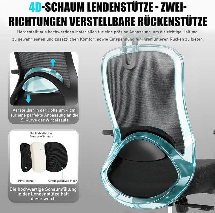 Bürostuhl, Ergonomischer Bürostuhl mit Verstellbarer 4D Lendenwirbelstütze, Schreibtischstuhl mit Ko