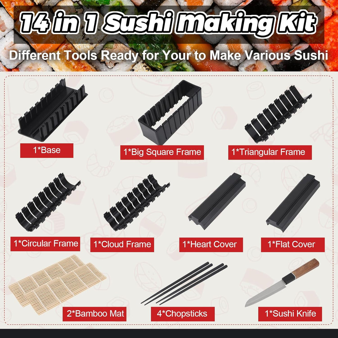 Sushi Maker Set, 14-tlg. Sushi-Kit für Anfänger mit Rolle, Schneideform, Messer, Matten und Stäbchen