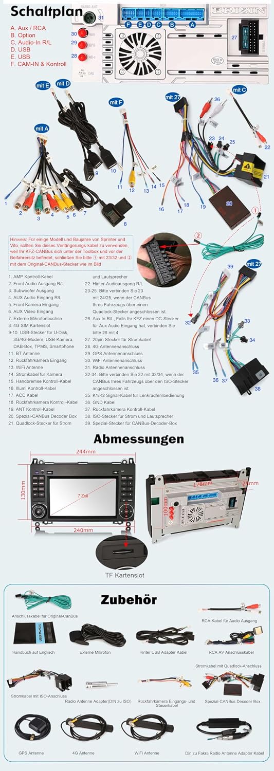 Erisin 7 Zoll Android 14 Autoradio mit Navi GPS für Mercedes A/B Klasse W169 W245 Sprinter Viano Vit