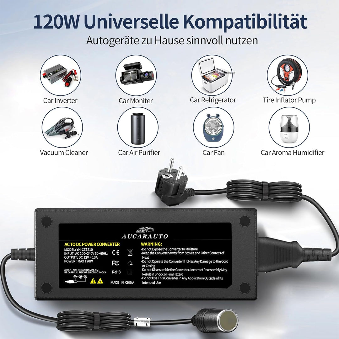 Spannungswandler 230V auf 12V, 120W/10A/2.65M KFZ Netzadapter mit Zigarettenzünder auf Steckdose, Ad
