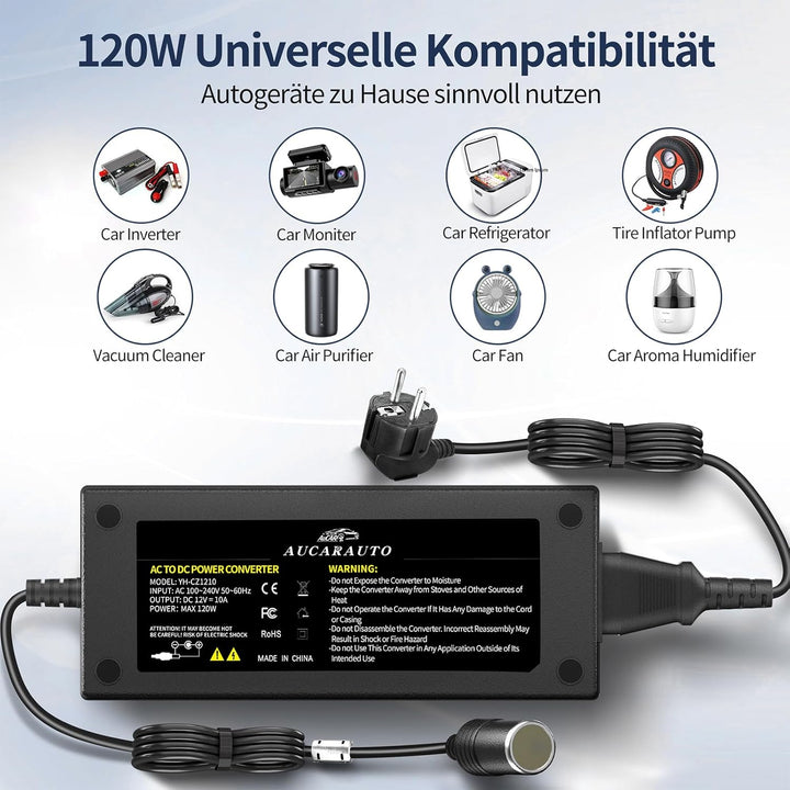 Spannungswandler 230V auf 12V, 120W/10A/2.65M KFZ Netzadapter mit Zigarettenzünder auf Steckdose, Ad