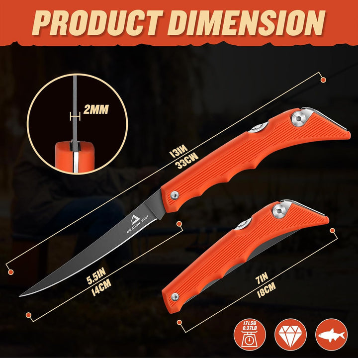 DRAGON RIOT Filetiermesser Fisch Profi, Angelmesser Klappbar, Edelstahl Fischmesser mit Anti-Rutsch-