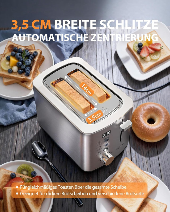 2-Scheiben Edelstahl Toaster mit 3,5 cm Breitschlitzen, LED-Countdown, 6 Bräunungsstufen, 850 W, Brö