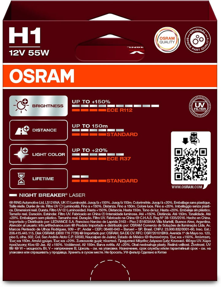 OSRAM NIGHT BREAKER LASER H1, +150% mehr Helligkeit, Halogen-Scheinwerferlampe, 64150NL-HCB, 12V PKW