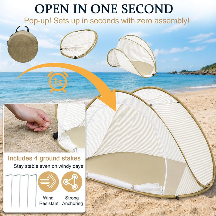 Strandmuschel Pop Up – Grosses, Tragbares Strandzelt für 3-4 Personen, Automatischer Aufbau, Sonnens