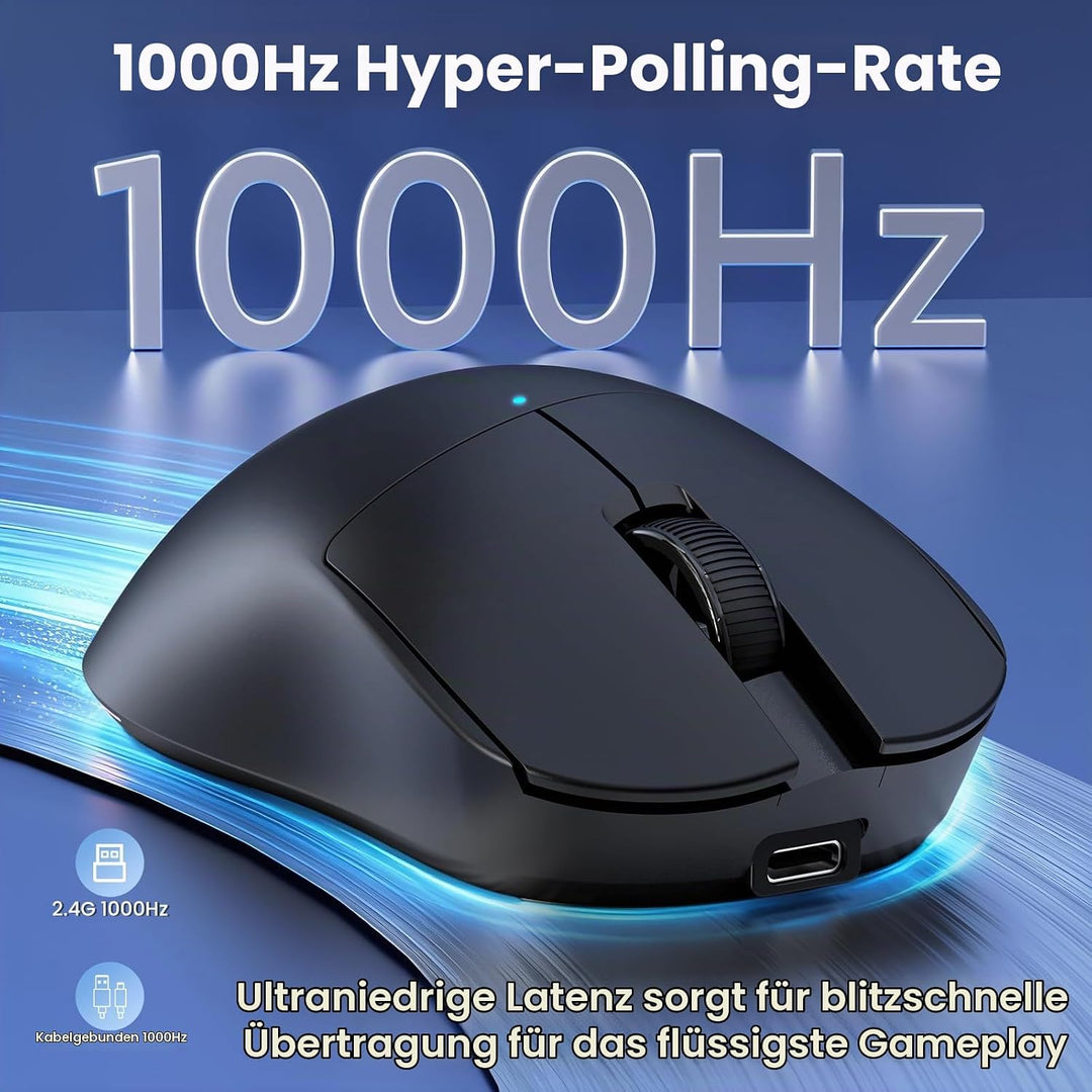 A.JAZZ NJ08 Tri-Mode Kabellose Gaming Maus, 1000Hz 70g Leicht, PC Mouse Mittel-Gross Ergonomisch, 12