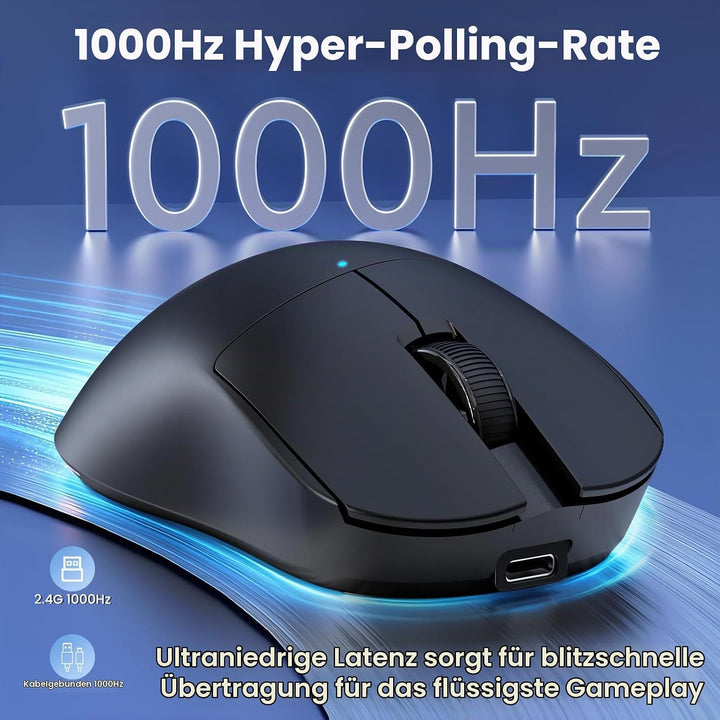 A.JAZZ NJ08 Tri-Mode Kabellose Gaming Maus, 1000Hz 70g Leicht, PC Mouse Mittel-Gross Ergonomisch, 12