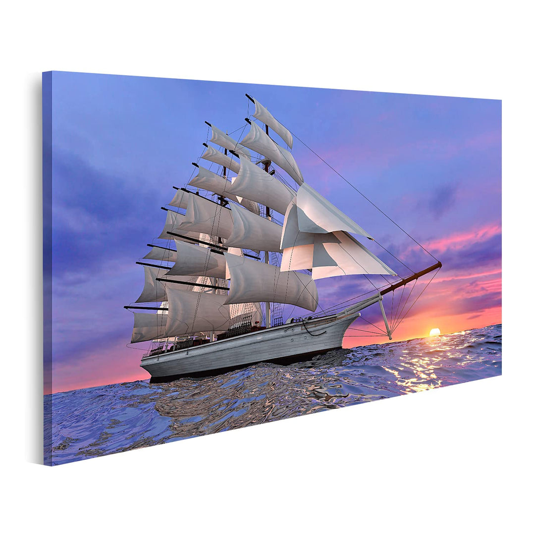 islandburner Bild auf Leinwand Segelschiff Auf Dem Hintergrund Der Untergehenden Sonne In Klaren Ruh
