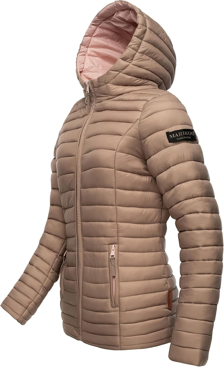 MARIKOO Damen leichte Übergangsjacke Steppjacke mit Kapuze Asraa XS-3XL M Taupe, M Taupe