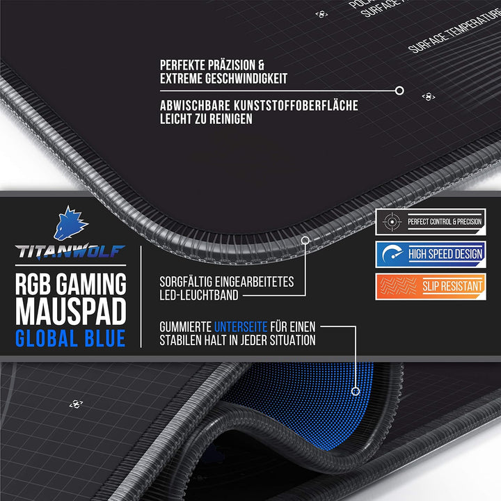 Titanwolf - RGB Gaming Mauspad - 800x300 mm - XXL Mousepad - LED Multi Color - 7 LED Farben Plus 4 E