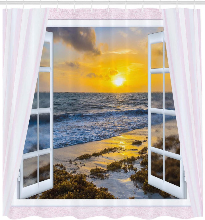ABAKUHAUS Küsten Duschvorhang, Open Window Sonnenaufgang Meer, Stoffliches Gewebe Badezimmerdekorati