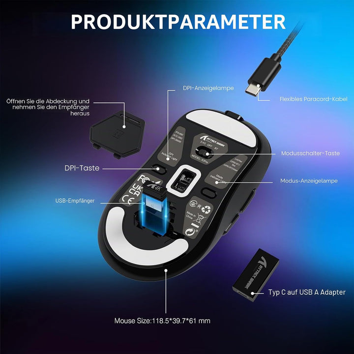 VGN GAME POWER ATTACK SHARK X3PRO 59g SUPERLIGHT Kabellose Gaming-Maus Esports, 4K/8KHz Abfragerate,