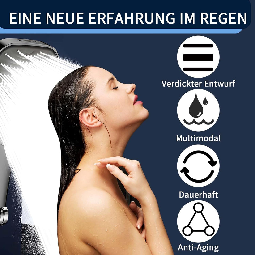 Grauer Duschkopf mit Schlauch und Halterung – 8-stufige Handbrause mit 4-Tasten-Umschaltung, Hochdru