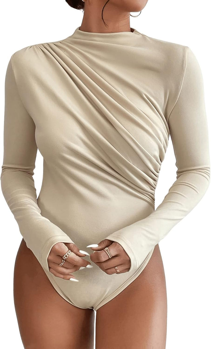 GORGLITTER Damen Body Elegant Langarm Bodysuit mit Rollkragen Rüschen Oberteil Sexy Top Body Aprikos