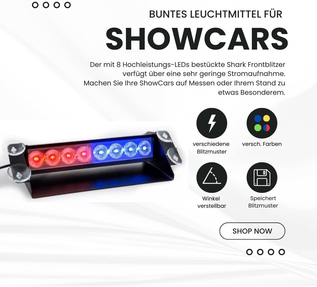 Raptors LED Technik Frontblitzer Shark 8W Scheibenblitzer für Show Cars | Scheibenblitzer 12V | Dash