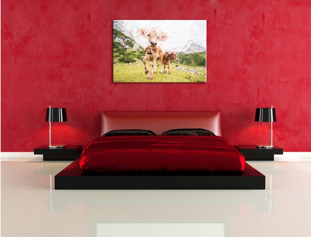 Pixxprint Almkuh auf der Weide Kunst als Leinwandbild/Grösse: 100x70 / Wandbild/Kunstdruck/fertig be