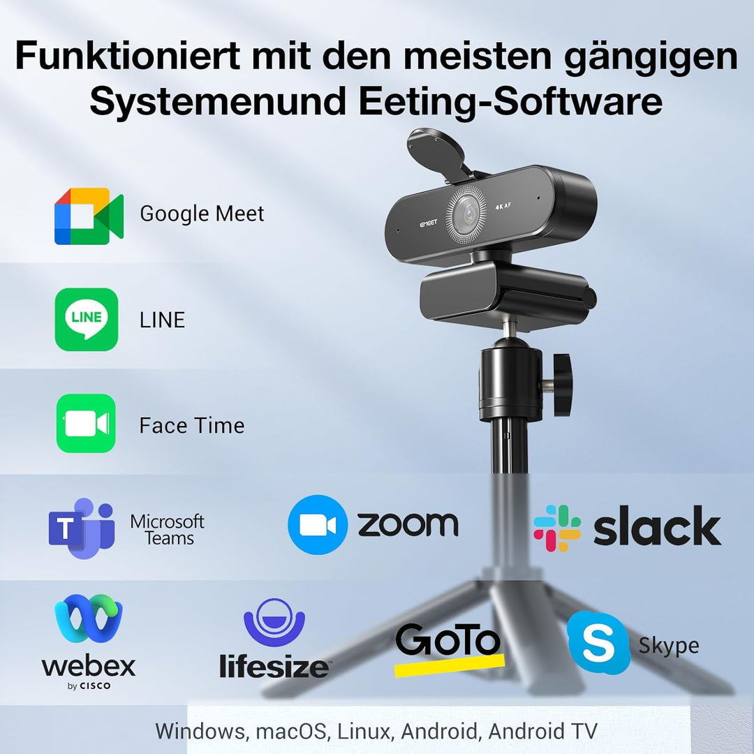 EMEET Webcam 4K, NOVA 4K mit Ständer, 2 Mikrofon mit Rauschunterdrückung, Ultra HD-Webcam mit 73° We