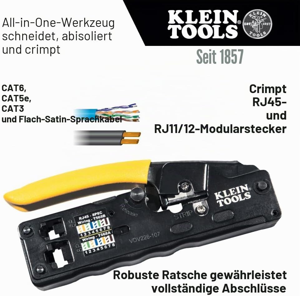 KLEIN TOOLS Datenkabel-Crimpwerkzeug/-Abisolierwerkzeug/Schneider mit Ratsche, Kompakt Vorbereitung