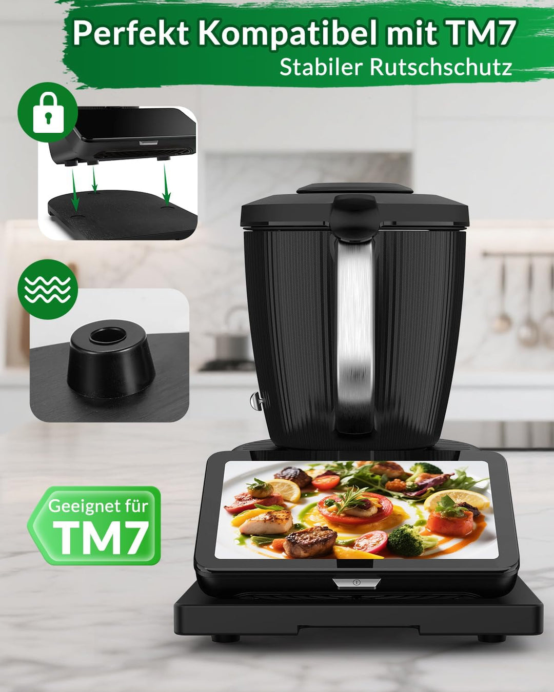 Bambus Gleitbrett für Thermomix TM7 - Zubehör für TM7 mit Rollen und rutschfest Gummifüsse, Schützt
