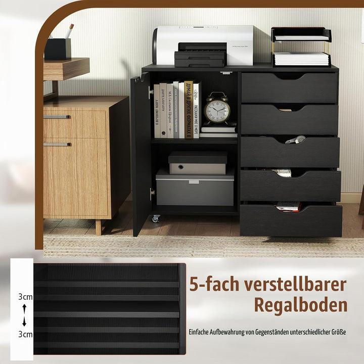 GIANTEX Rollcontainer mit 5 Schubladen &amp; Schrank, Aktenschrank mit Rollen, Schubladenschrank Holz un