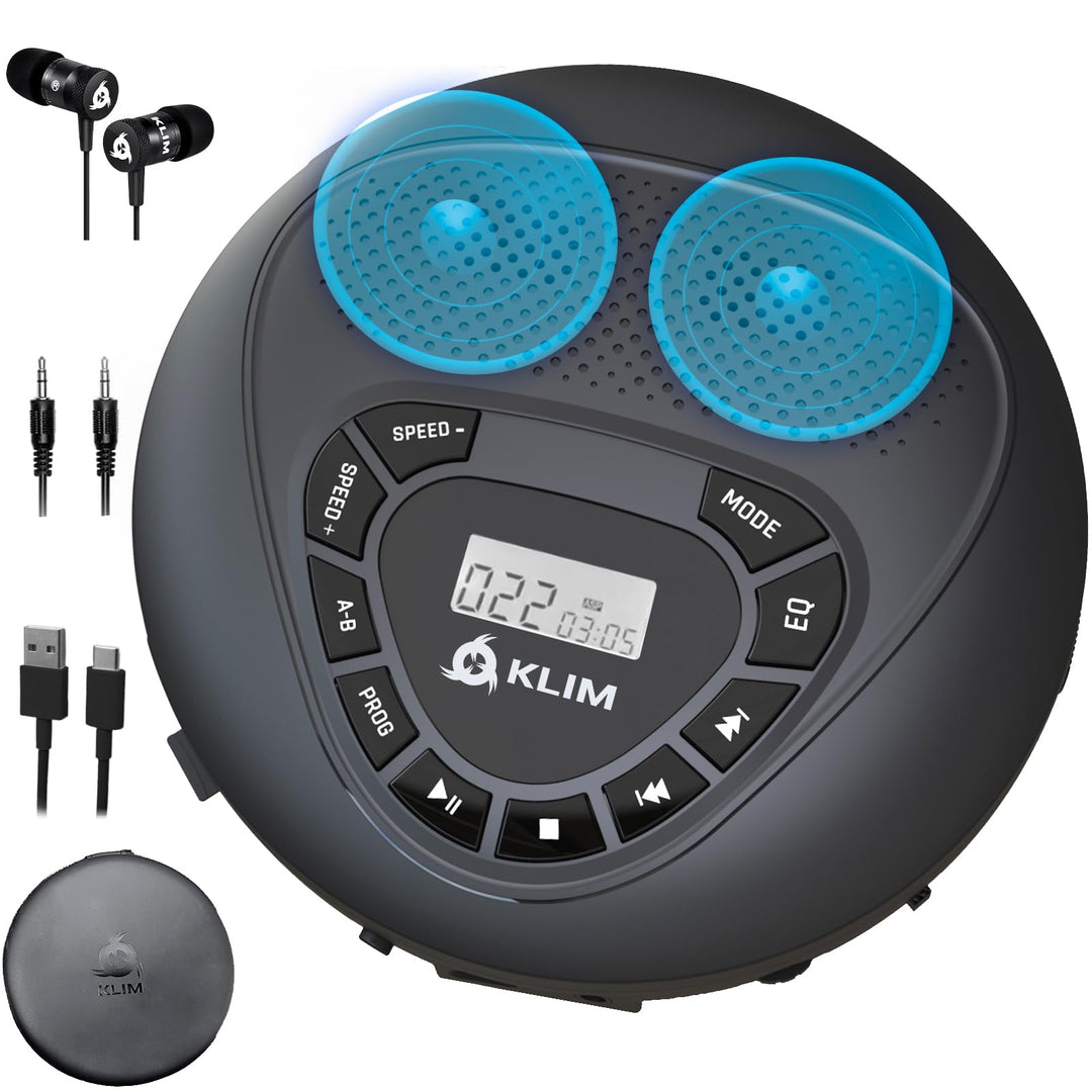 KLIM Speaker + CD Player mit Lautsprecher + Bluetooth + Wiederaufladbarer Akku + Tragbarer CD-Spiele