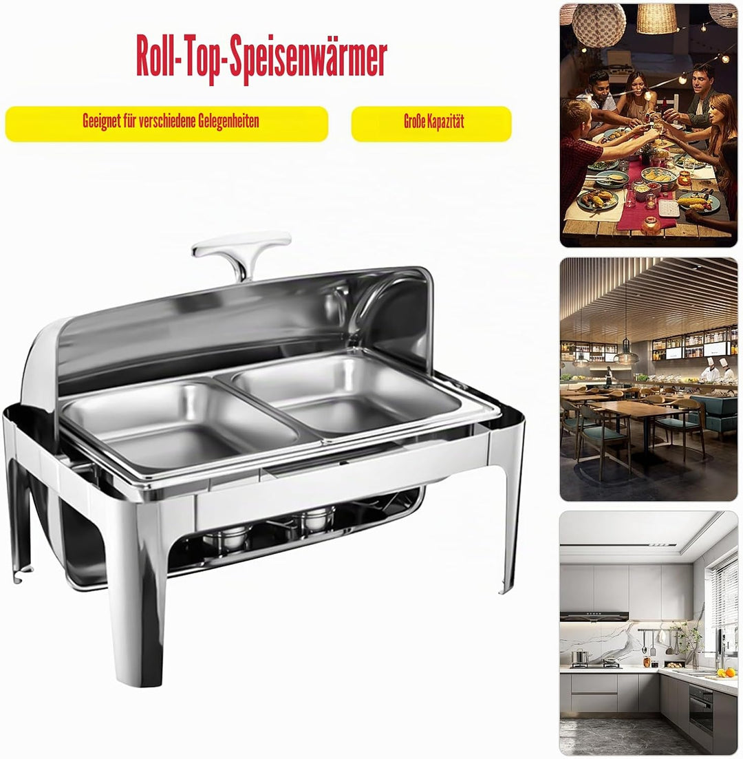 9l Edelstahl Speisenwärmer, Chafing Dish Mit Rolldeckel Speisenwärmer Warmhaltebehälter, Heizplatten