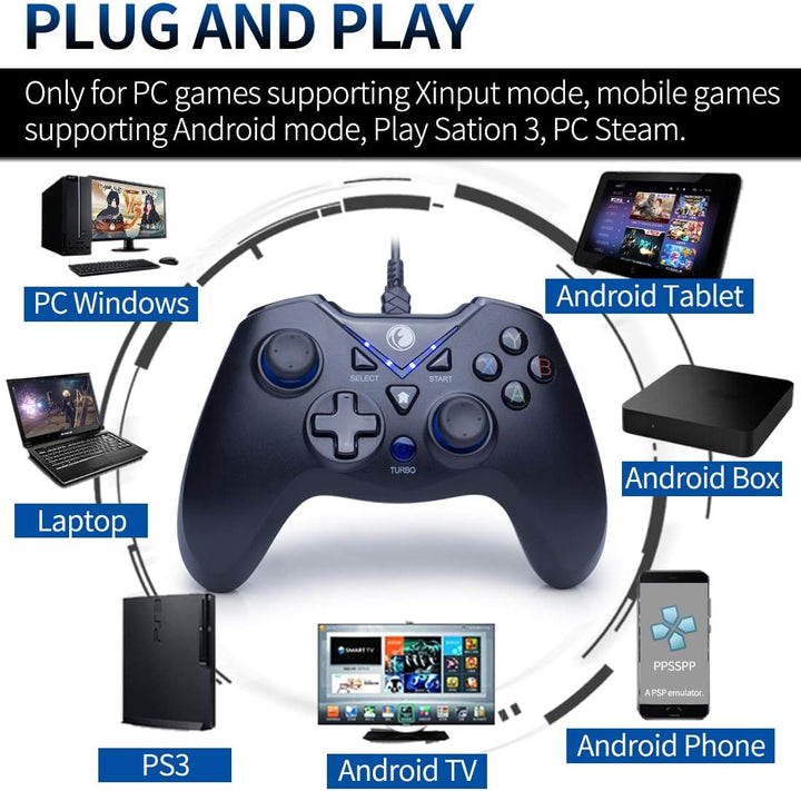 V-ONE Videospiel-Controller mit USB-Kabel für PC (Windows XP/7/8/10), Playstation 3 und Android blau
