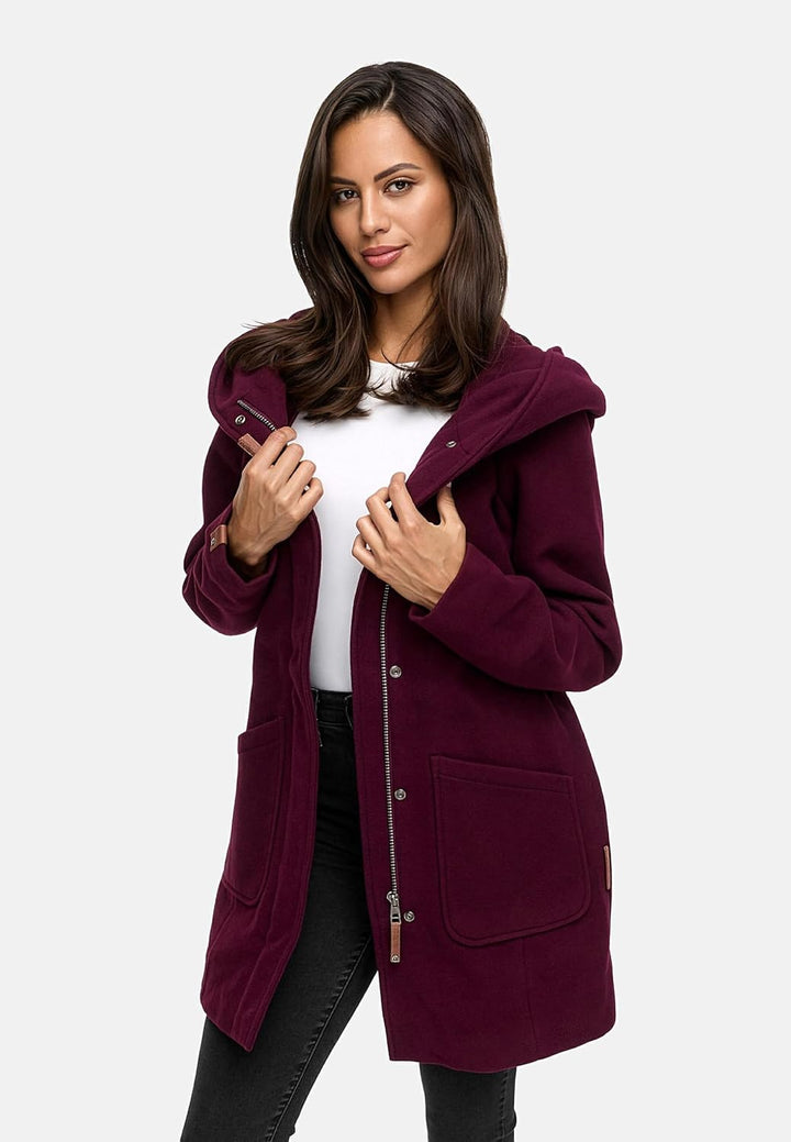 MARIKOO Damen Mantel in Wollmantel-Optik Warmer Trenchcoat mit Kapuze Maikoo XS-5XL 3XL Wine, 3XL Wi