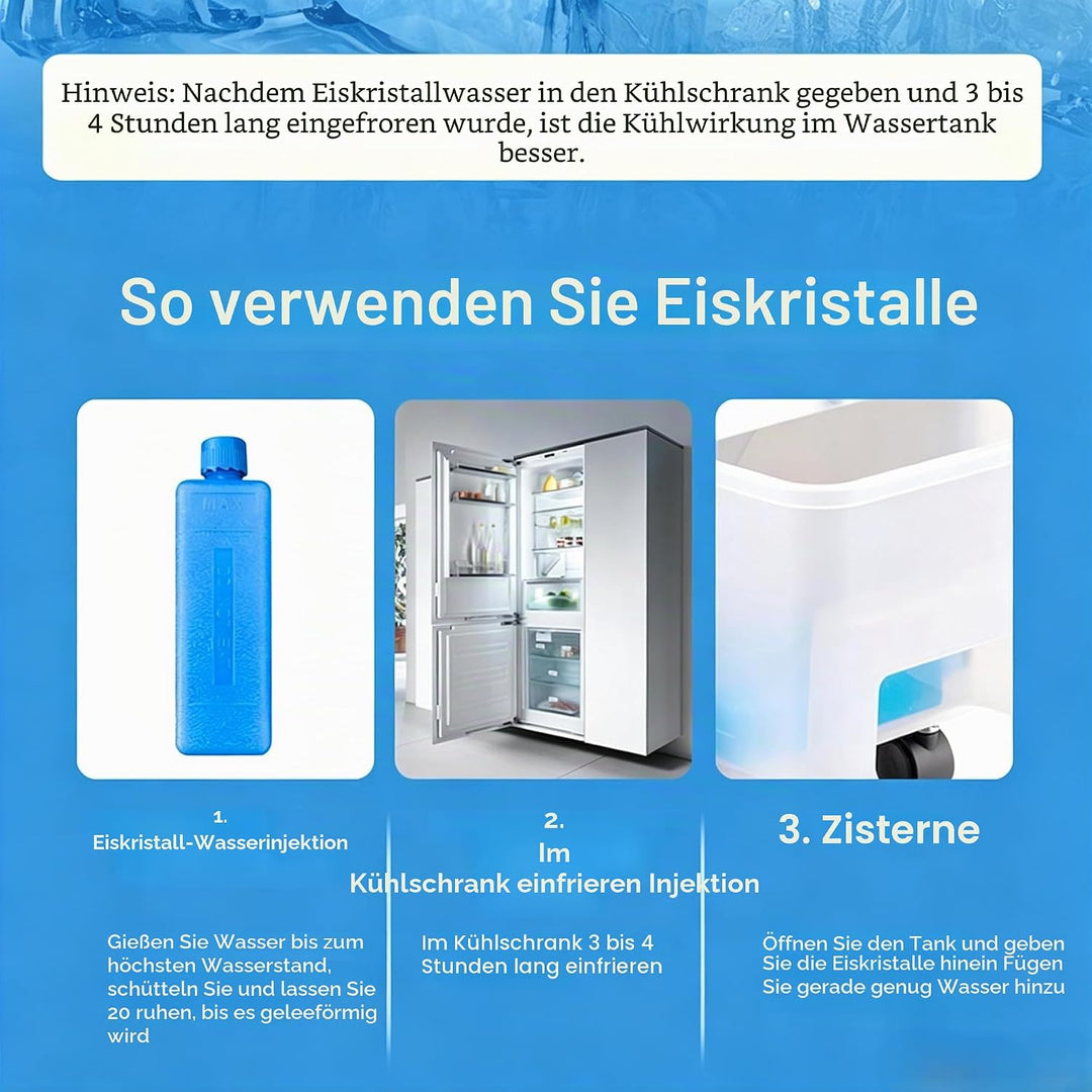 Ventilator mit Wasserkühlung, 6-Liter Verdunstungskühler mit Fernbedienung &amp; 2 Kühlakkus, 4-in-1-Rau