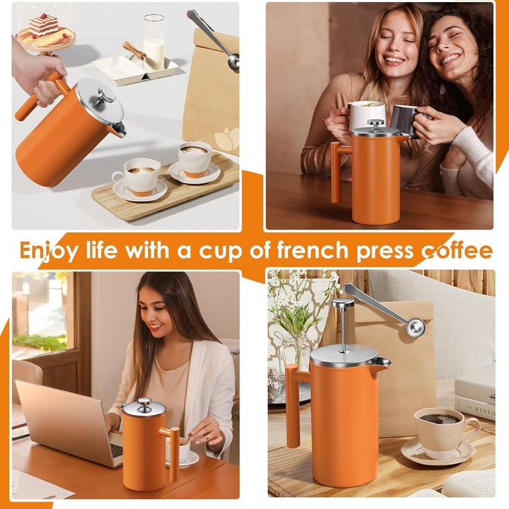 Enfmay French Press, Edelstahl Kaffeebereiter French Press 1L mit 4-Lagigem Filtersystem, Doppelwand