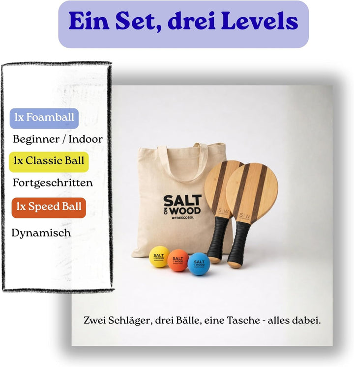 Salt on Wood S|W Frescobol Set | Hochwertige Beachball-Schläger aus Holz extrem schnelle Ballwechsel